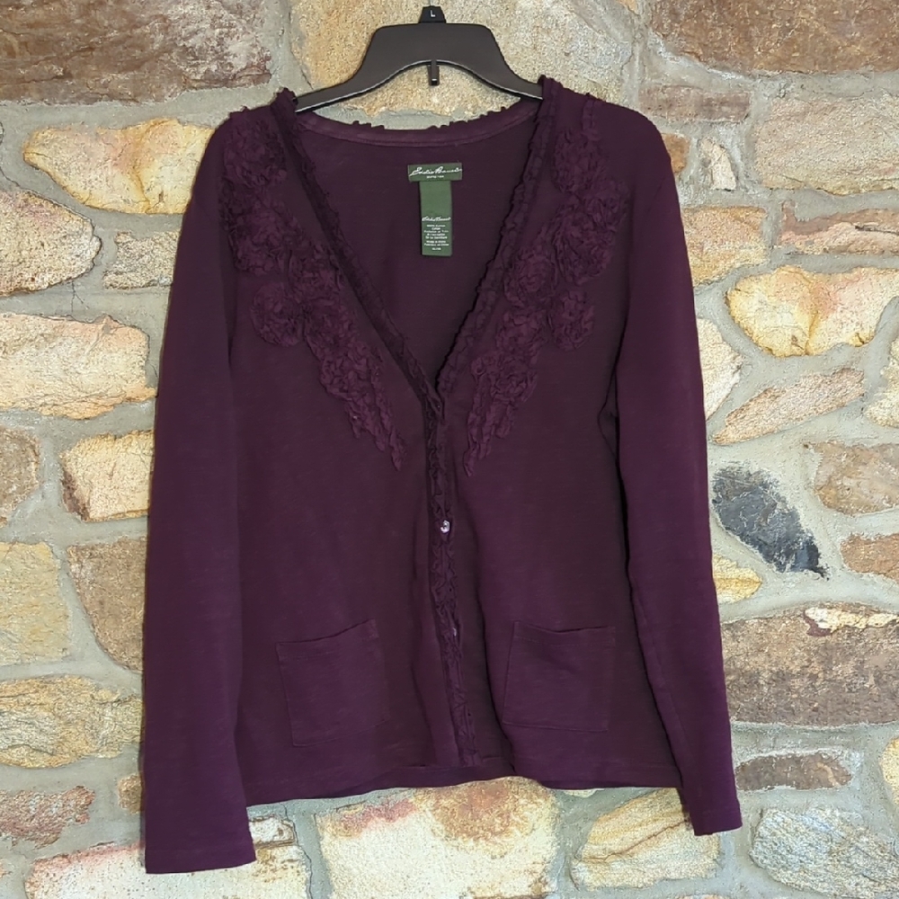 Eddie Bauer Purple Lace-Trimmed Cardigan
